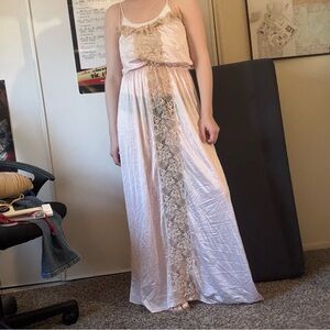 Romantic Blush Pink Lace-Front Maxi Dress